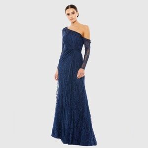 Mac Duggal 67852 NWT Navy Draped Jewel Encrusted Lace Drop Shoulder Gown